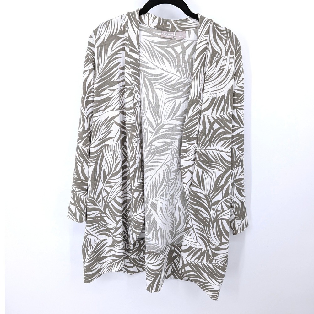 Chicos Travelers Cardigan Women 16‎ 18 Green Palm Leaf Print Open Front Kimono